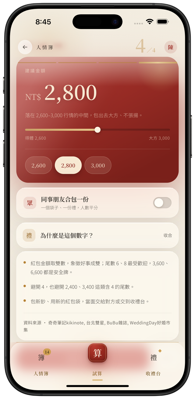 手機截圖：婚宴出席的試算結果卡片，建議金額與區間，下方附上資料來源