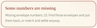 Detail: end-of-night reconciliation flagging missing envelope number 23